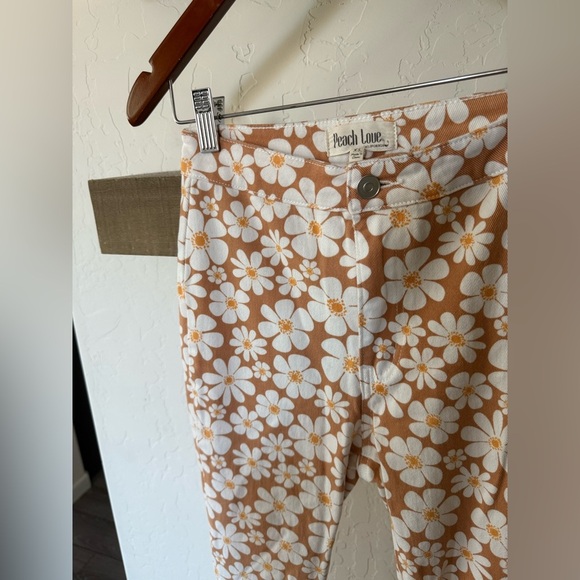 Peach Love California|Boho floral print wide leg bell bottom jeans,neutral tan • - Picture 9 of 15